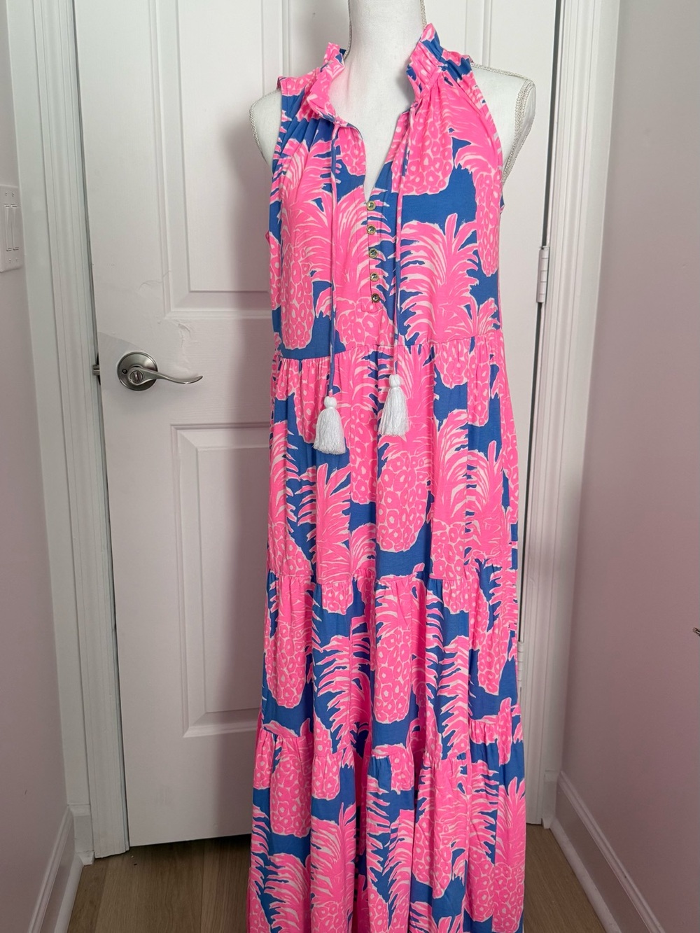 NWT size M Lilly Pulitzer bright pink and periwinkle pineapple print maxi dress